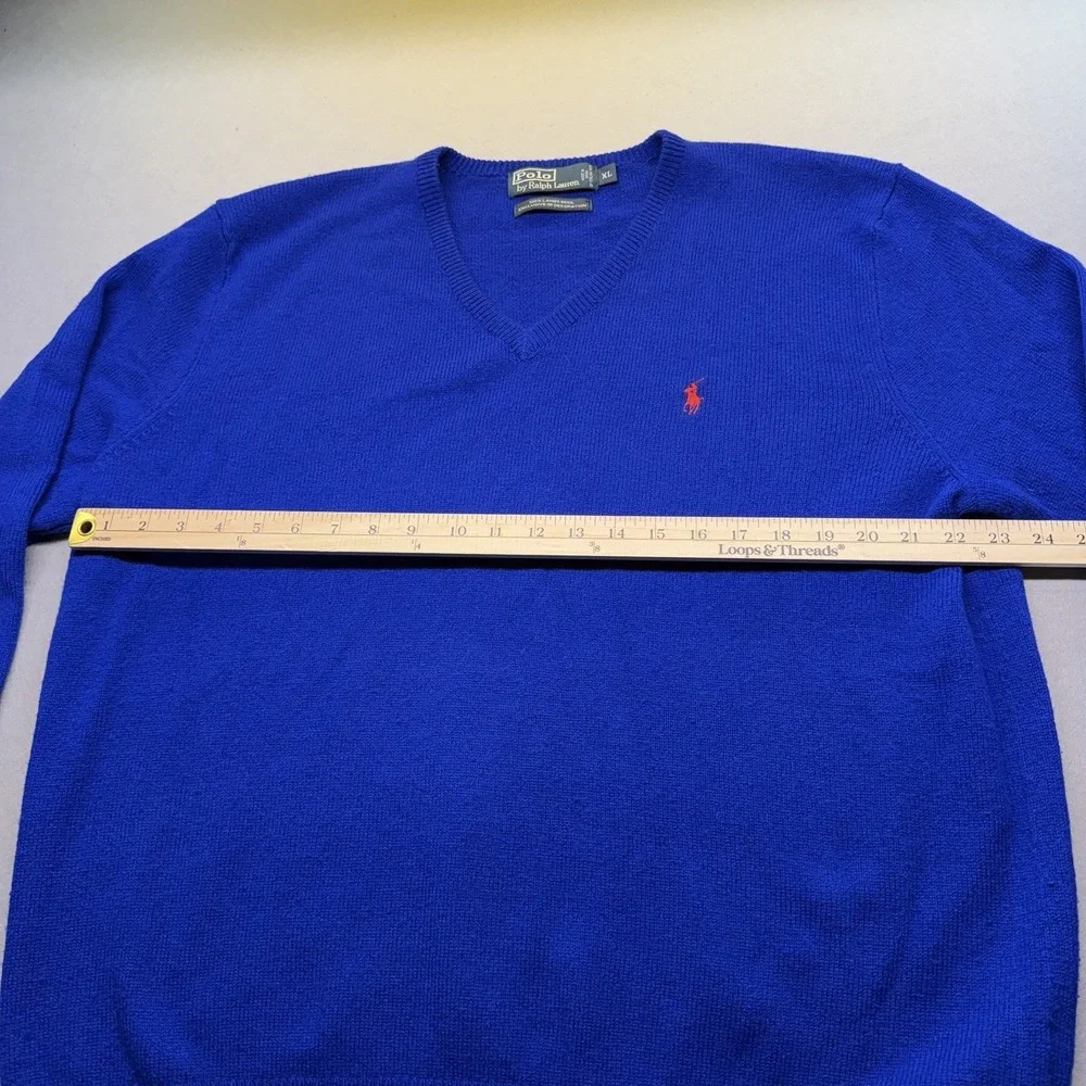 Polo by Ralph Lauren Men's Blue V-Neck 100% Lambs Wool Knit Sweater XL